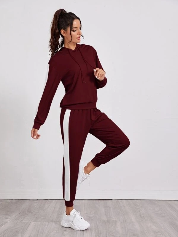 Women Striped Tape Side Drawstring Sports Hoodie with Sweatpants and Workout Running Athletic Sports Tracksuits