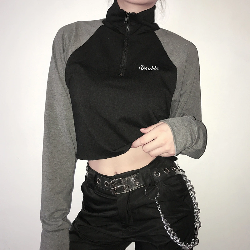 Patchwork Half Zip up Turn Down Collar Hoodie Embroidery Letter Crop Top Women Sweatshirt Hoodie