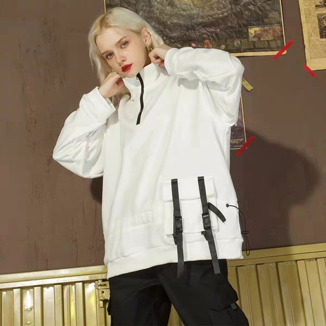 2020 New Style White Solid Plain Longsleeve Spring Outdoor Streetwear Turtleneck Half Zip Pullover Women Hoodie