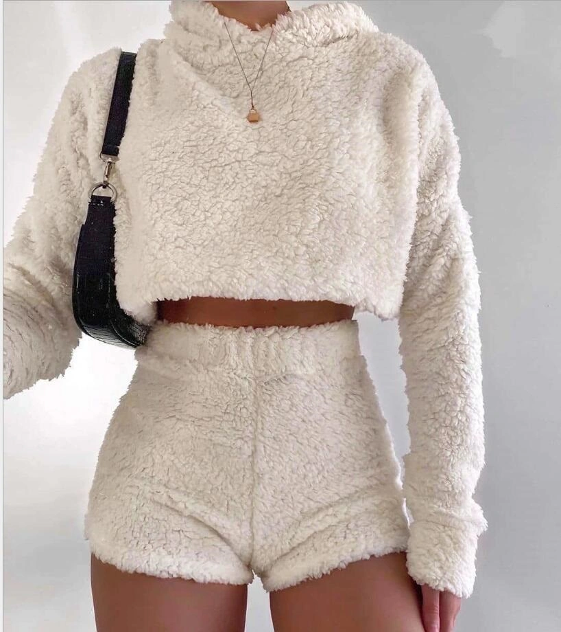 Women Fluffy Fleece Suit Hooded Sweatshirts with Sexy Shorts Casual Party Club Wear Esg16492