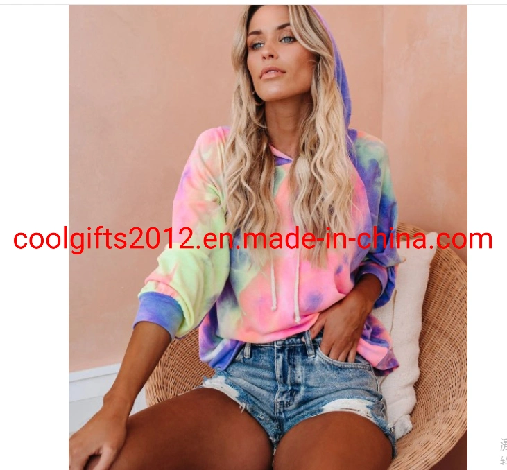 Women Long Sleeve Multicolor Casual Drawstring Hoodies Sweatshirt Tie Dye Pullover Hoodies