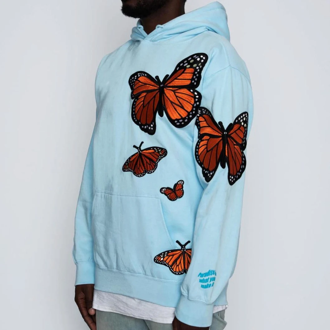 Poleron Factory Cheap Hooded Sweatshirts Wholesale Pullover Hoodie Custom Blue Kangaroo Butterfly Print Hoodie Sudadera