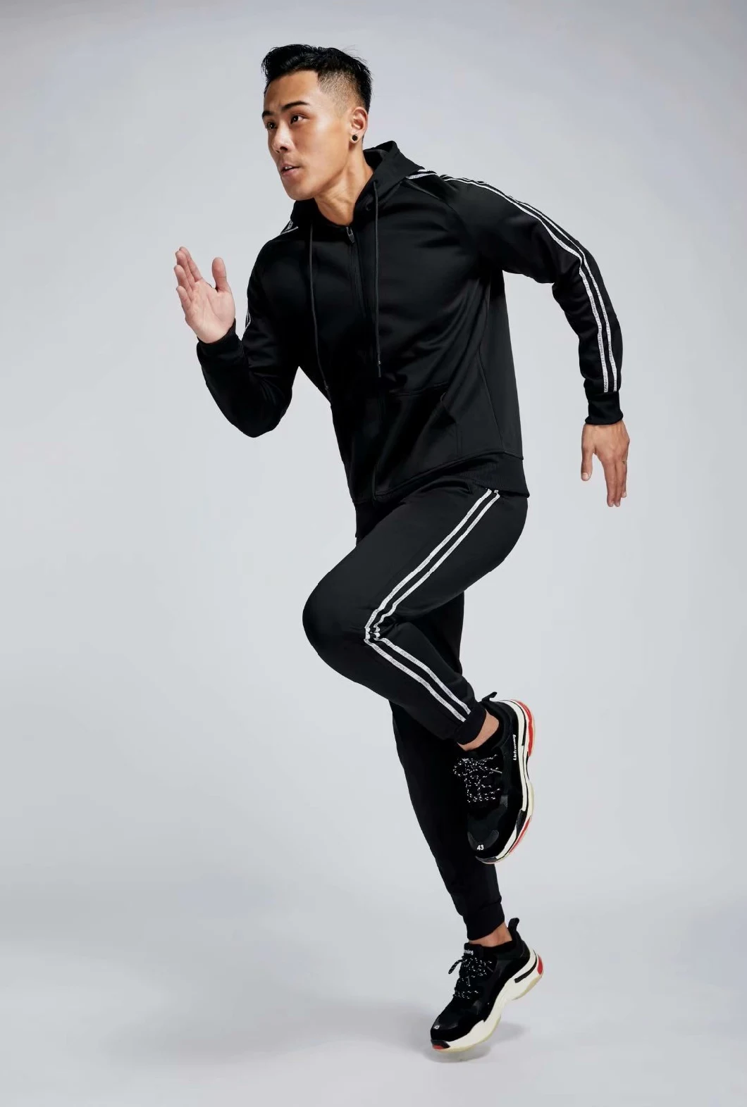 Sports Warm up Tracksuit Mens Size Sports Hoodie and Pants Black Polyester