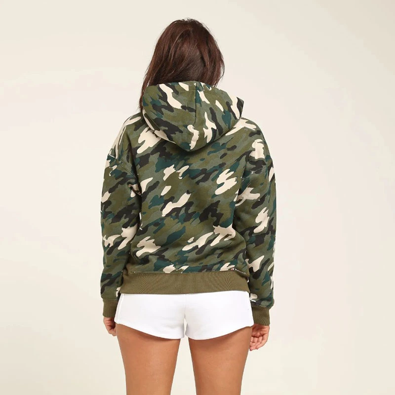 Cotton Polyester High Quality Woman Lightweight Custom Print Embroidery Blanket Zip up Camo Hoodie