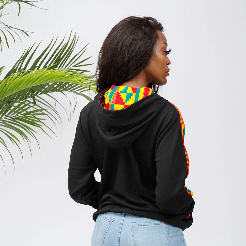 Winter Fashion Women Kente Joint 100% Cotton Fleece Warm Thick Black Hoodie