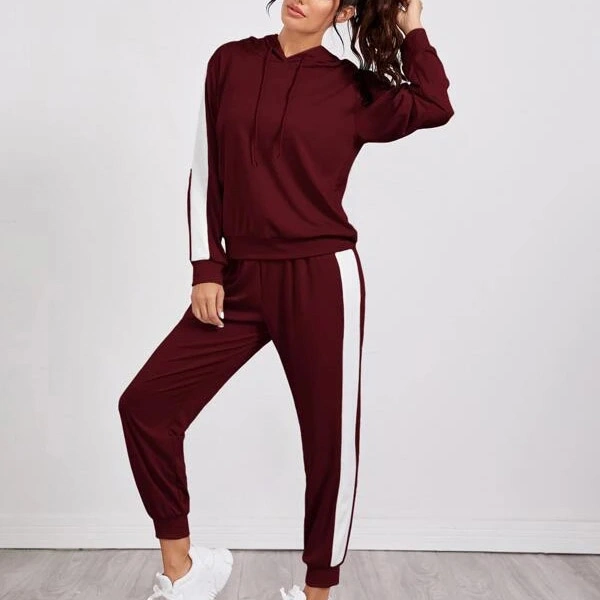 Women Striped Tape Side Drawstring Sports Hoodie with Sweatpants and Workout Running Athletic Sports Tracksuits