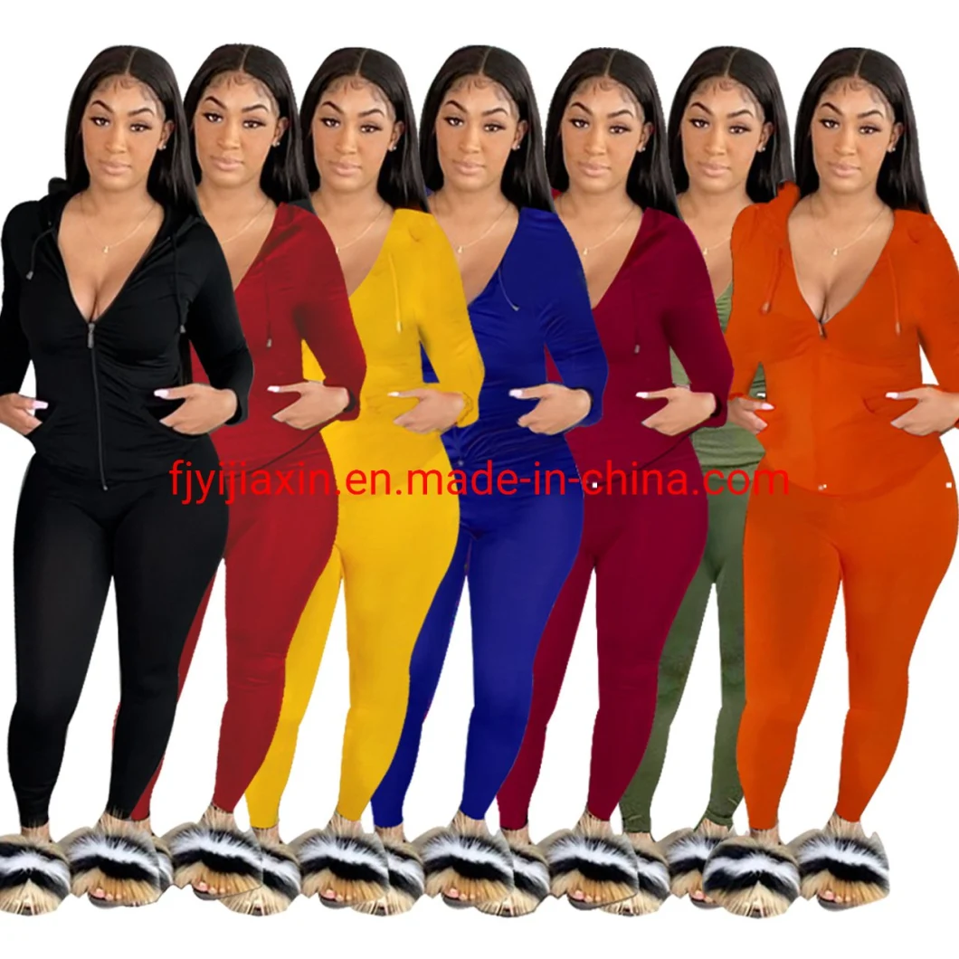 Long Sleeve Hoodie Sweater High Waist Trouser Solid Color 2 Pieces Set Women Outfits Tracksuit