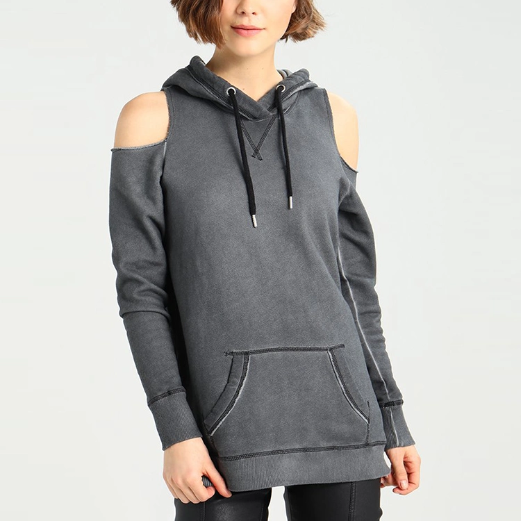 China Made High Quality Grey off-The-Shoulder Long Hoodie