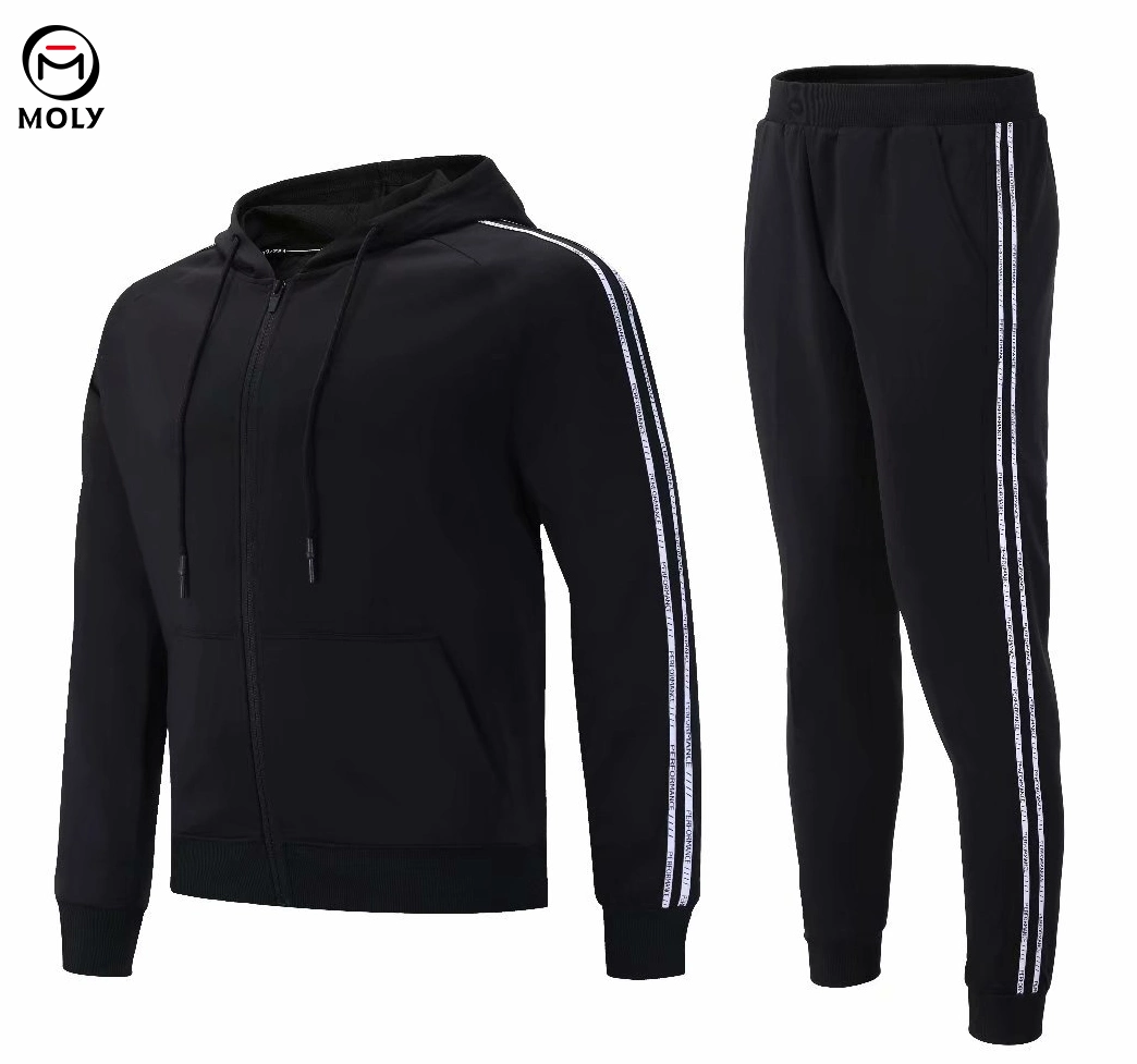 Sports Warm up Tracksuit Mens Size Sports Hoodie and Pants Black Polyester