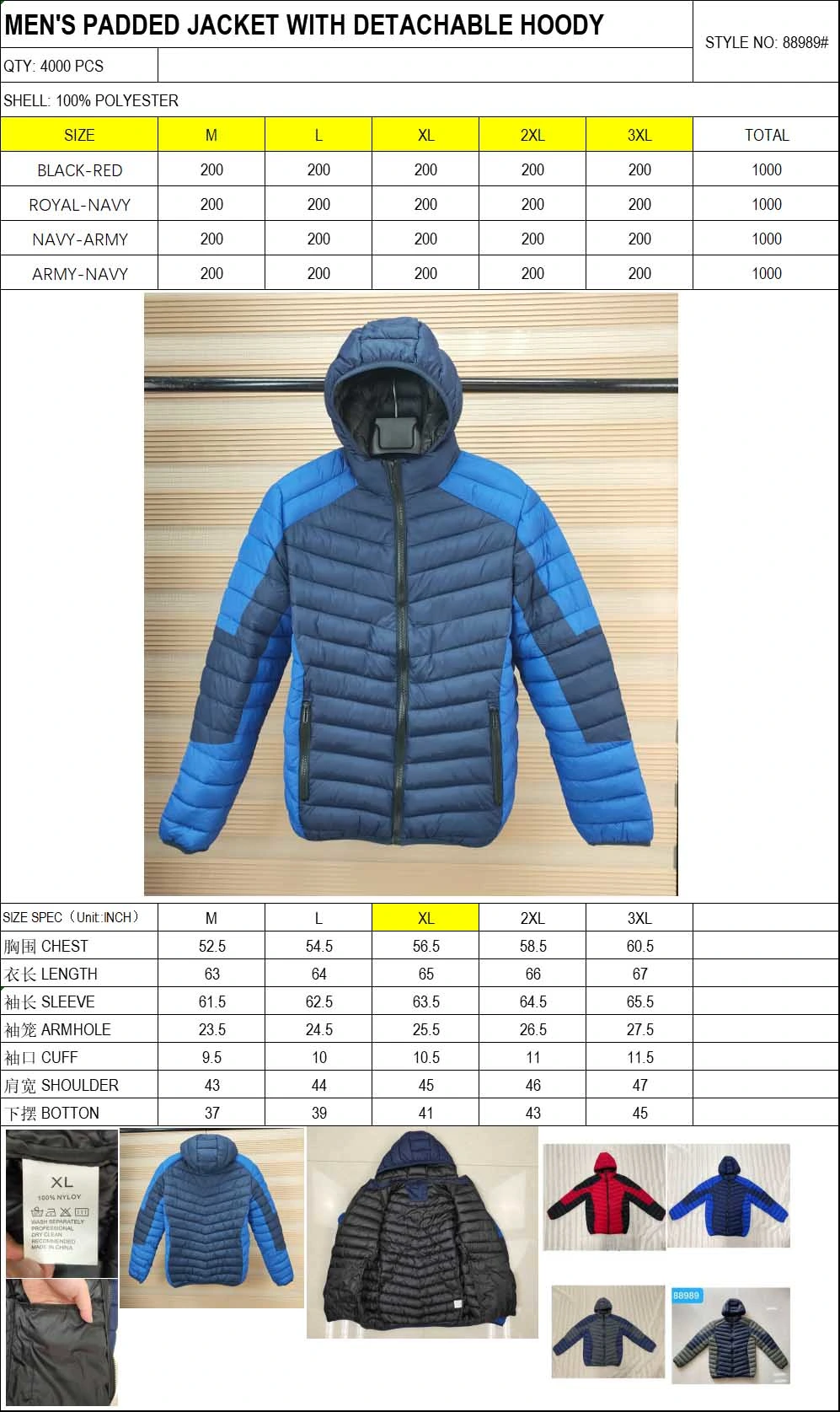 in Stock Low Price Cheap Men's Padded Jacket with Detachable Hoody Windproof