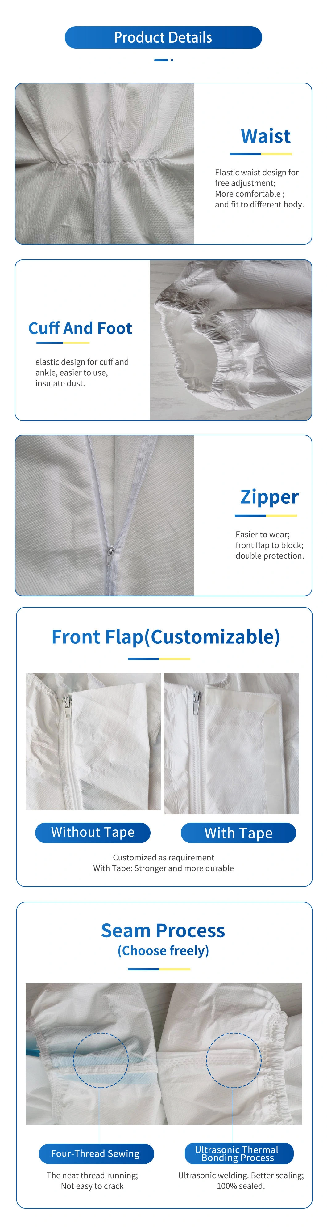 Hooded Work Wear Non-Woven Disposable Protective Long Sleeve Coverall Protective Clothing