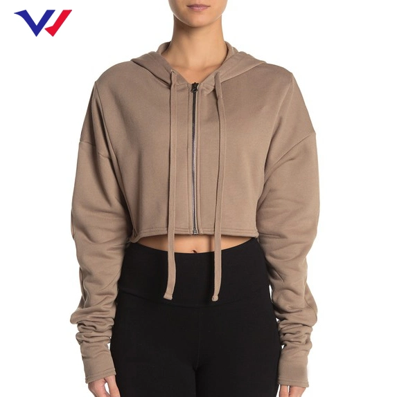 Factory Cheap Cotton Polyester Zip Pullover Hoodies Wholesale French Terry Crop Top Hoodie Jacket for Women