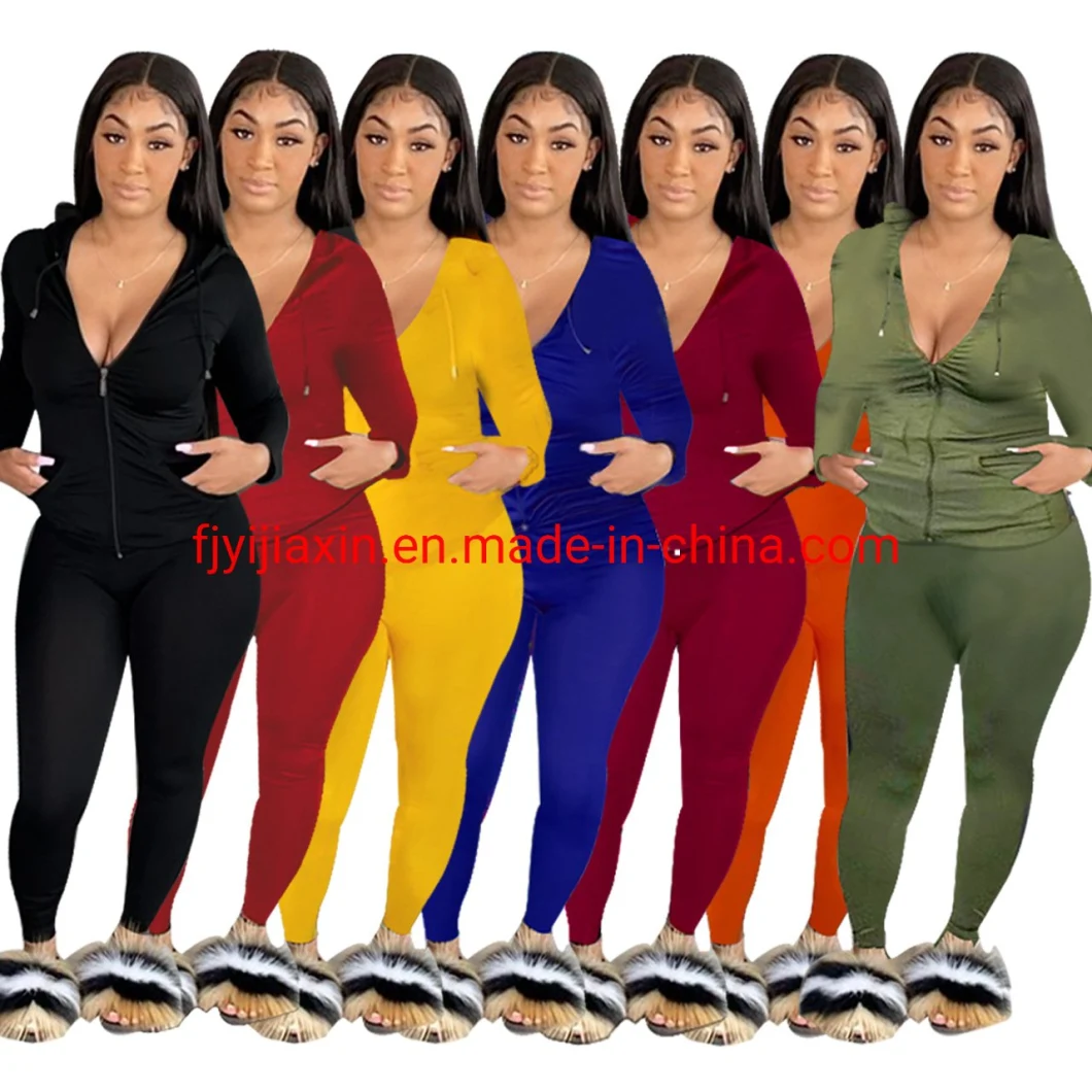 Long Sleeve Hoodie Sweater High Waist Trouser Solid Color 2 Pieces Set Women Outfits Tracksuit