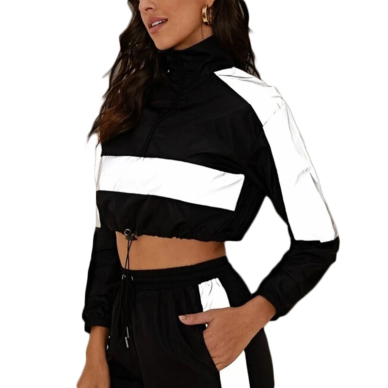 Autumn Women Street Wear Reflective Panel Crop Custom Women Hoodies