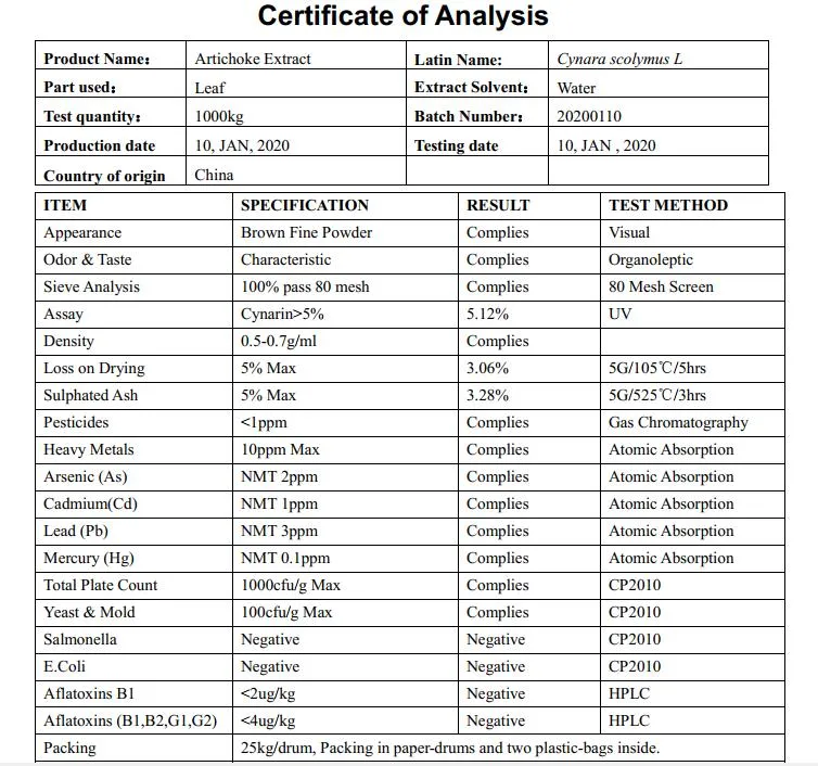 Natural Protect 5% 2.5% Cynarin Powder Artichoke Extract 10: 1