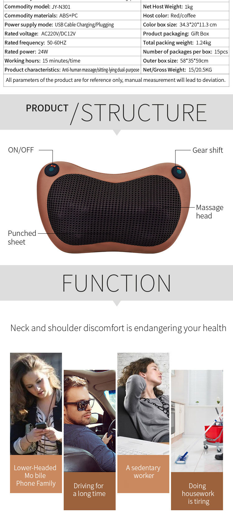 Body Massager Head Back Neck Rolling Kneading Massager Shiatsu Body Massage Pillow