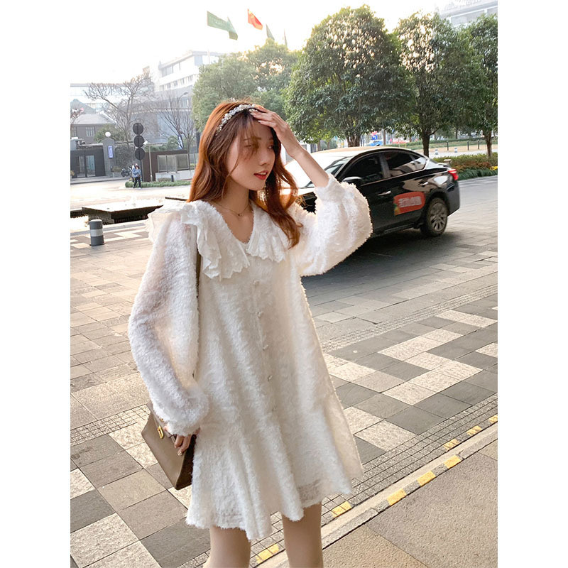 Spring New Plush Ruffled Loose Doll Dress Female Korean Temperament Long Dress