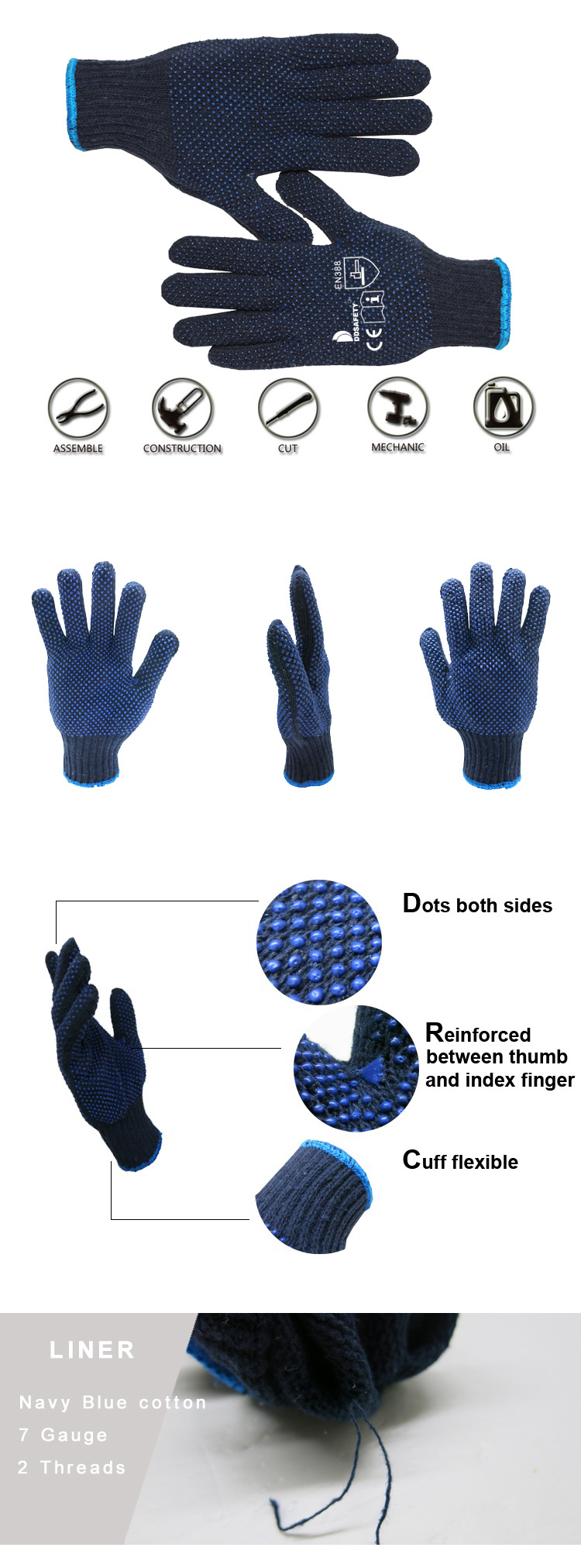 High Quality Glove Blue PVC Dots Both Sides Safety Cotton Glove