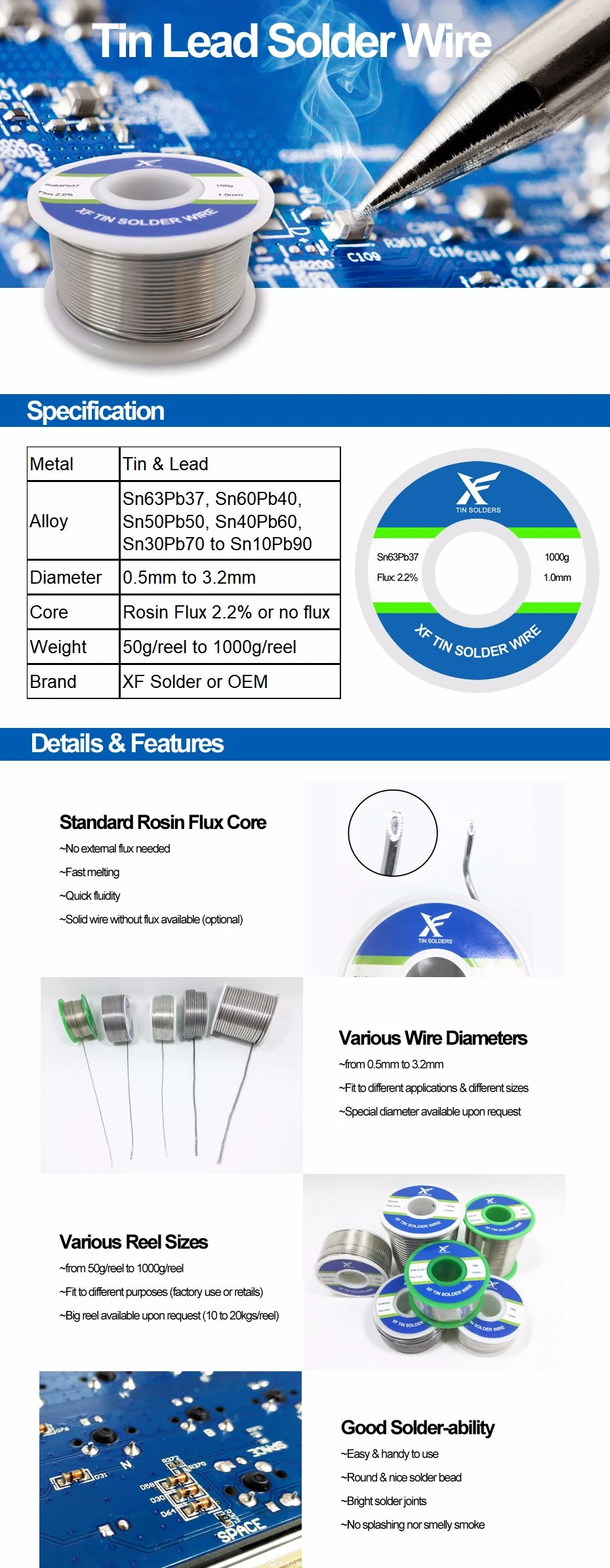 Al Tin Lead Soldering Wire 0.5mm 0.7mm 0.8mm 1mm 1.2mm 1.5mm 2mm 2.5mm 3mm