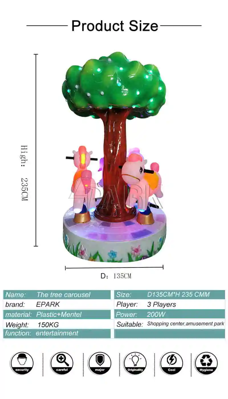 Coin Operated Lovely Tree Carousel 3 Players Horse Kiddie Rides Carousel Game Machine for Sale