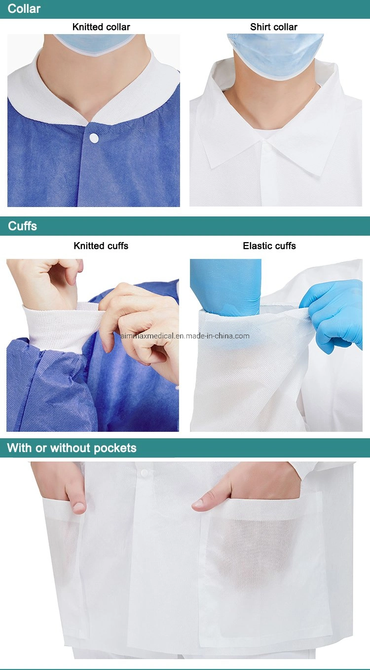 Nonwoven PP/SMS Lab Coat with Elastic Cuffs Disposable Work Uniform