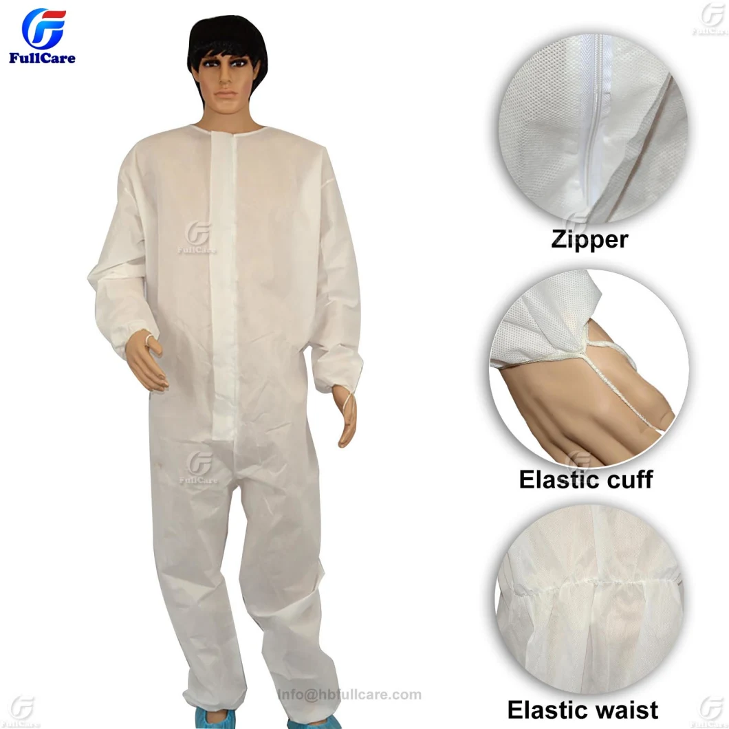 Disposable Nonwoven Protective Clothing PP SMS PP+PE Microporous White Circle Collar Coverall with Flap