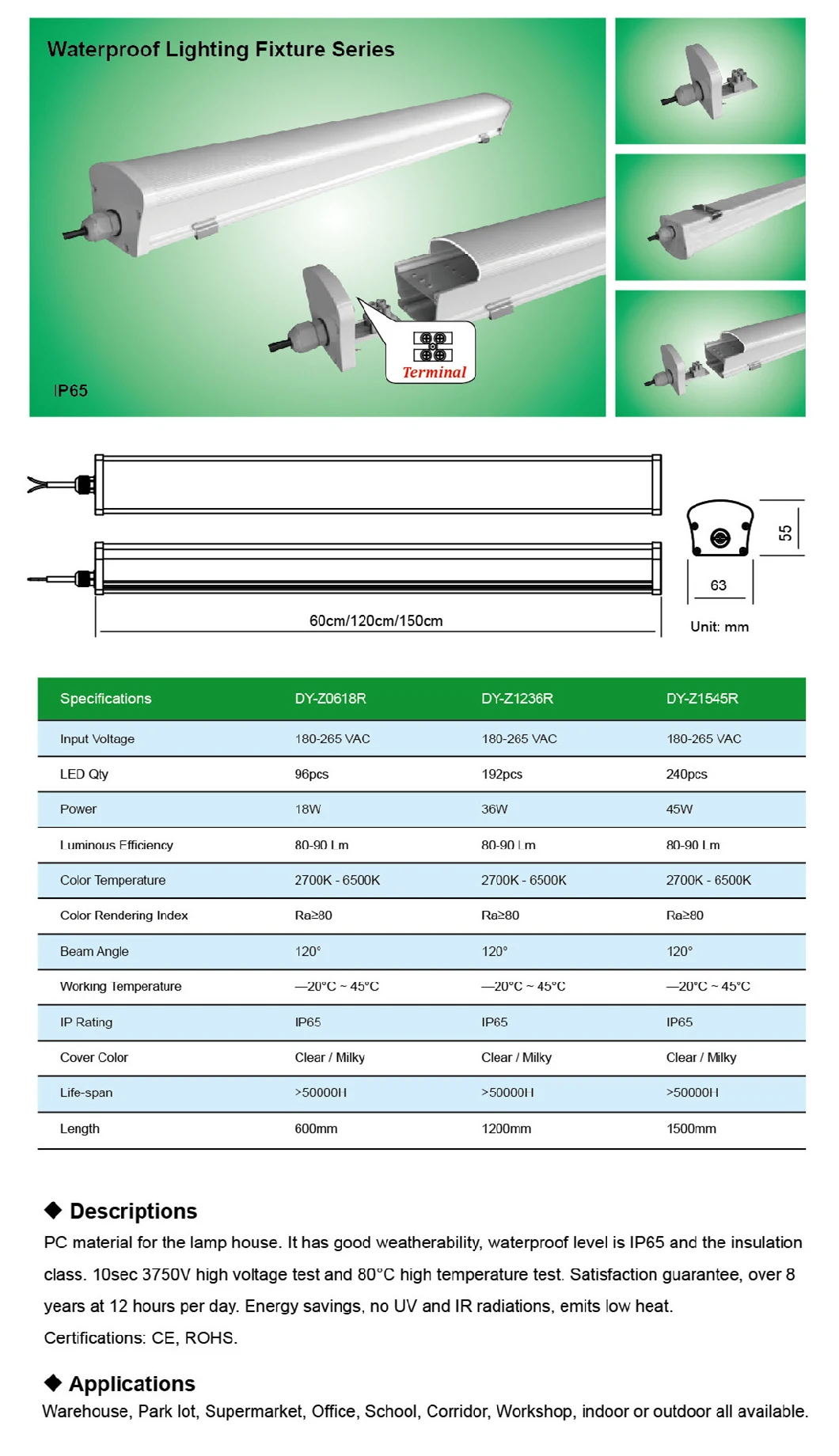 36W LED Aluminium Base Light Connectable Tri-Proof Light Waterproof Lighting Fixtures PC Materials