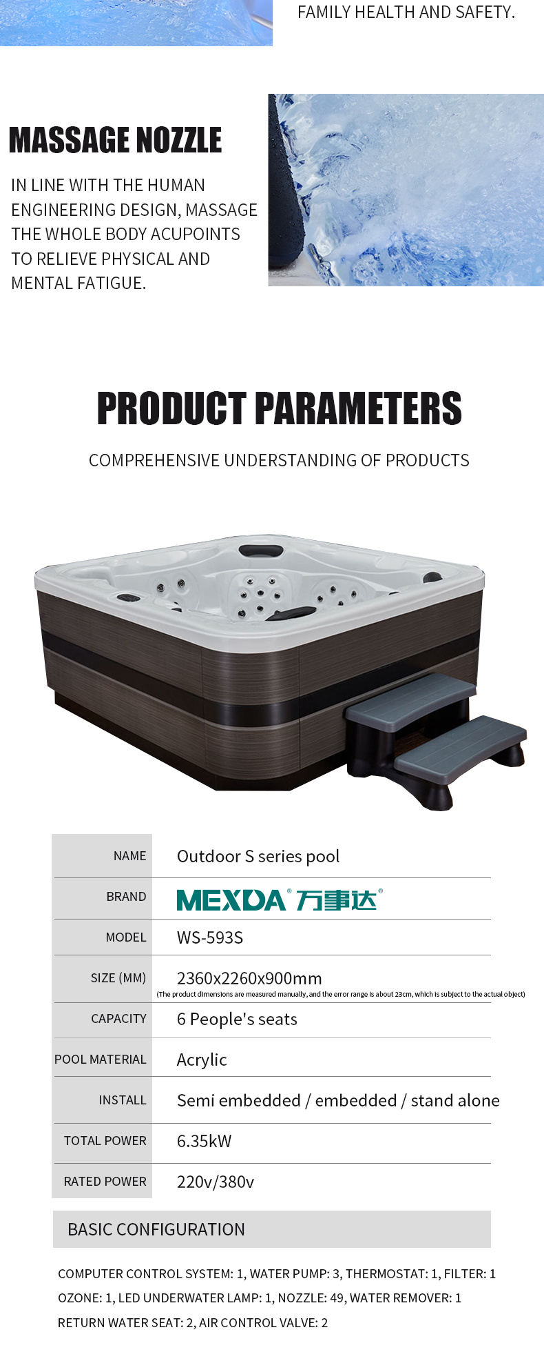 Villa Outdoor Massage Hot Tub Swim Pool SPA with 3kw Heater