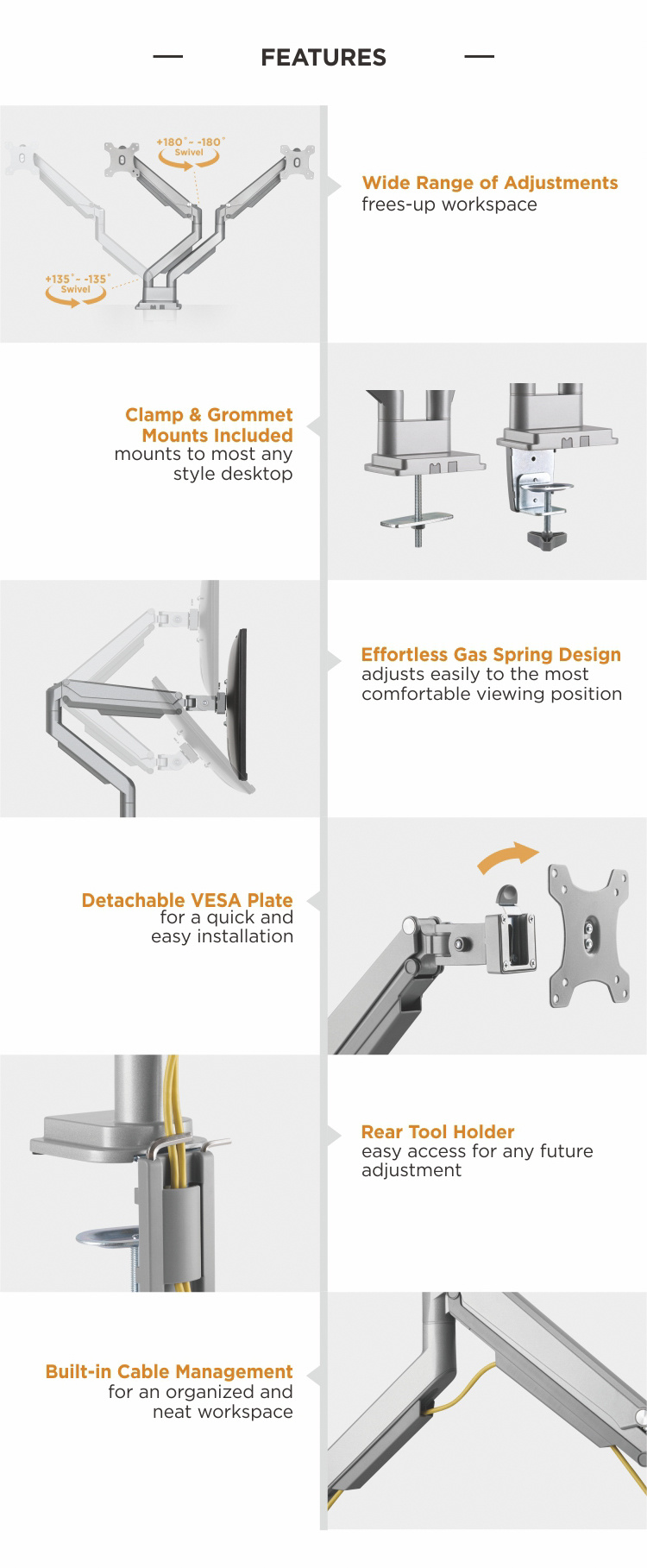 Gas Spring Aluminum Dual Monitor Desk Mount Monitor Arm