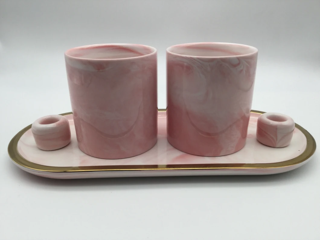 Pink Marble Ceramic Set Toothbrush Holder Cups Plate Set/5