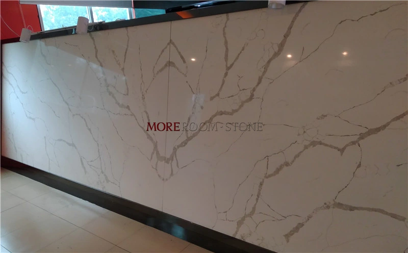 China Supplier Foshan Artificial Engineered Faux Stone Bookmatch Calacatta Staturio Marble Quartz Slab for Kitchen Countertops