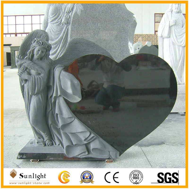 Black White Angel Headstones Granite Marble Angel Heart Black Granite Stone Headstone for Tombstone/Monument/Gravestone