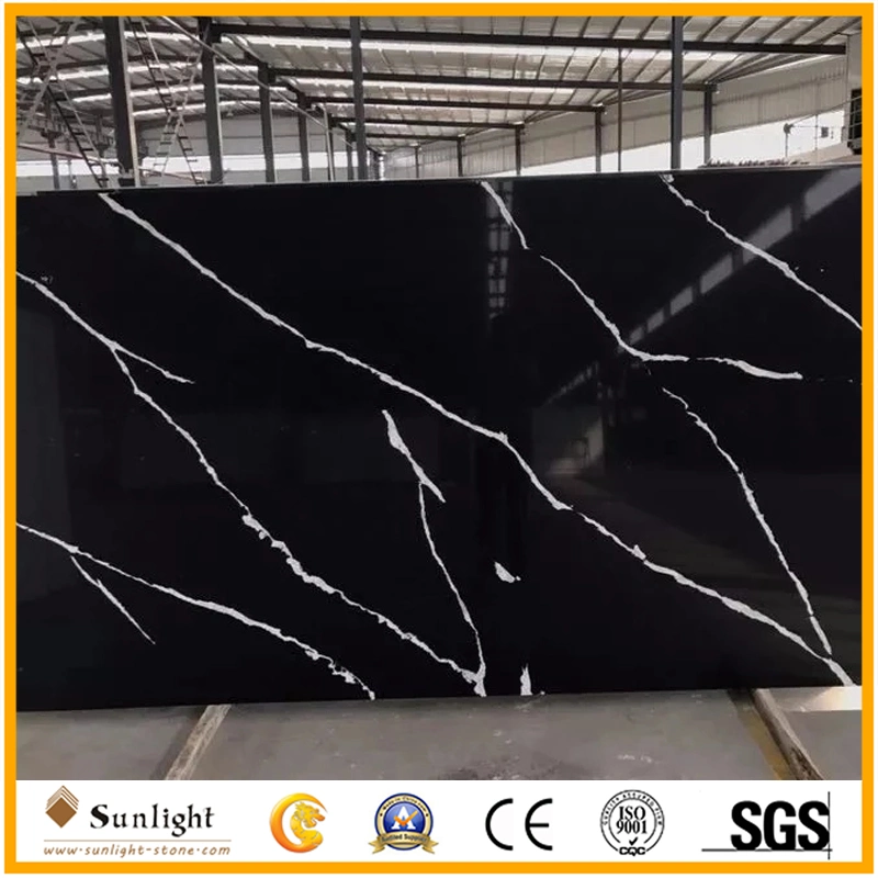 Black Quartzite Quartz with White Vein, Calacatta Black Artificial Quartz Stone