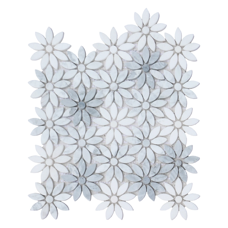 Italy Bianco Carrara White Flower Design Marble Stone Mosaic for Wall Decoration