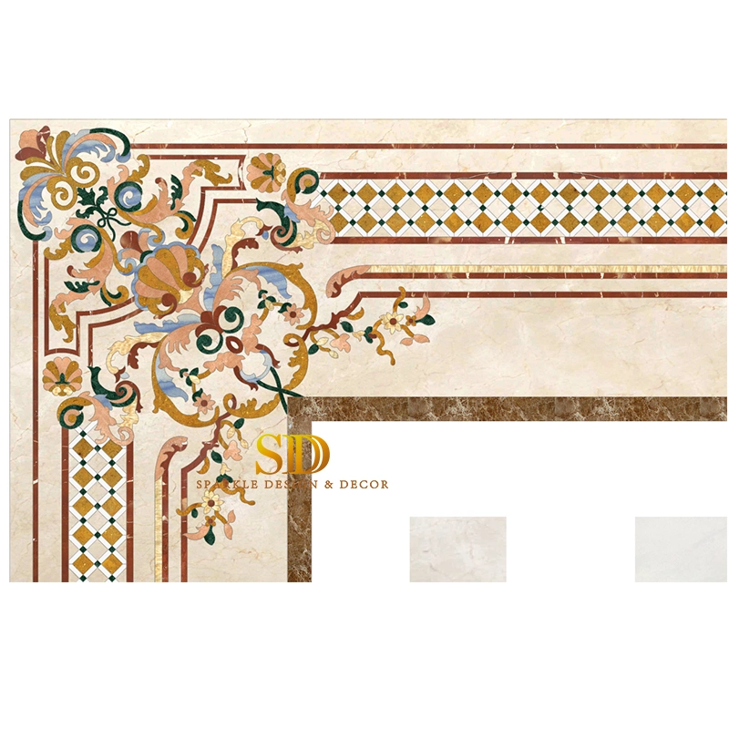 Rectangle Shape Marble Inlay Tiles Marble Inlay Flooring Patterns with Borders for Kitchen Floor Decor