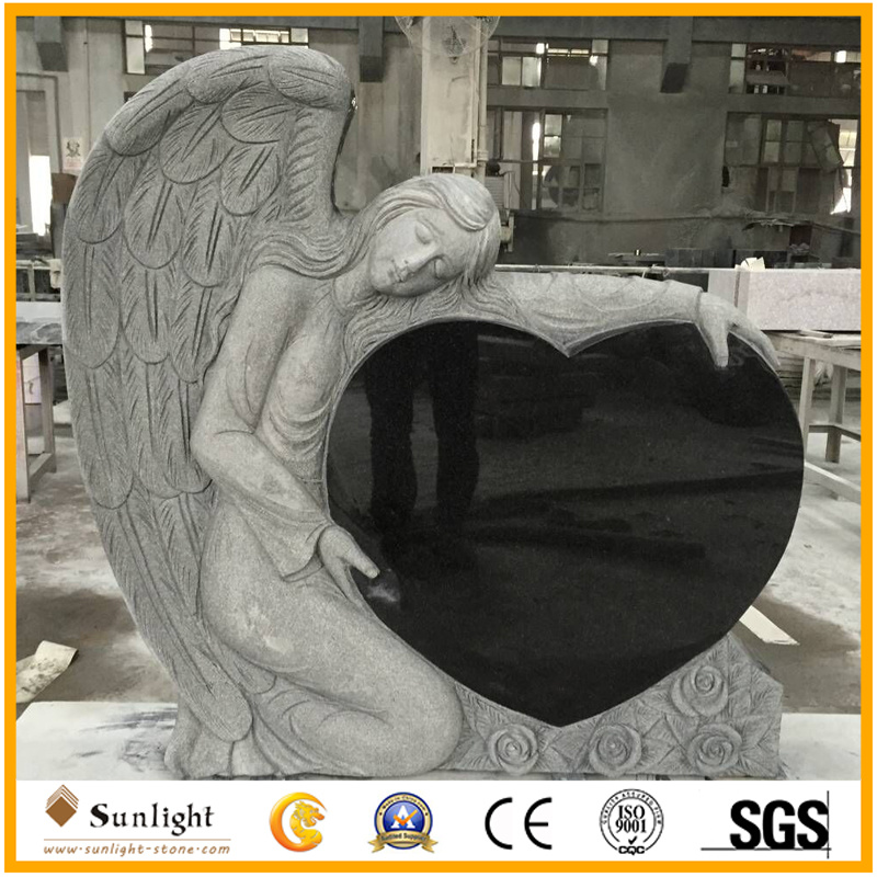 Black White Angel Headstones Granite Marble Angel Heart Black Granite Stone Headstone for Tombstone/Monument/Gravestone