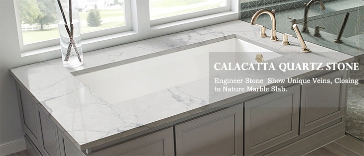 Hot Sale Book Matched Calacatta White Artificial Stone Quartz Stone Kitchen Countertop