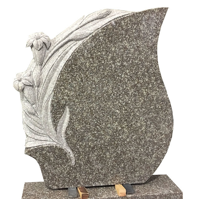 European Style Modern Design Absolute Black Granite Tombstone with Leaf Sculpture