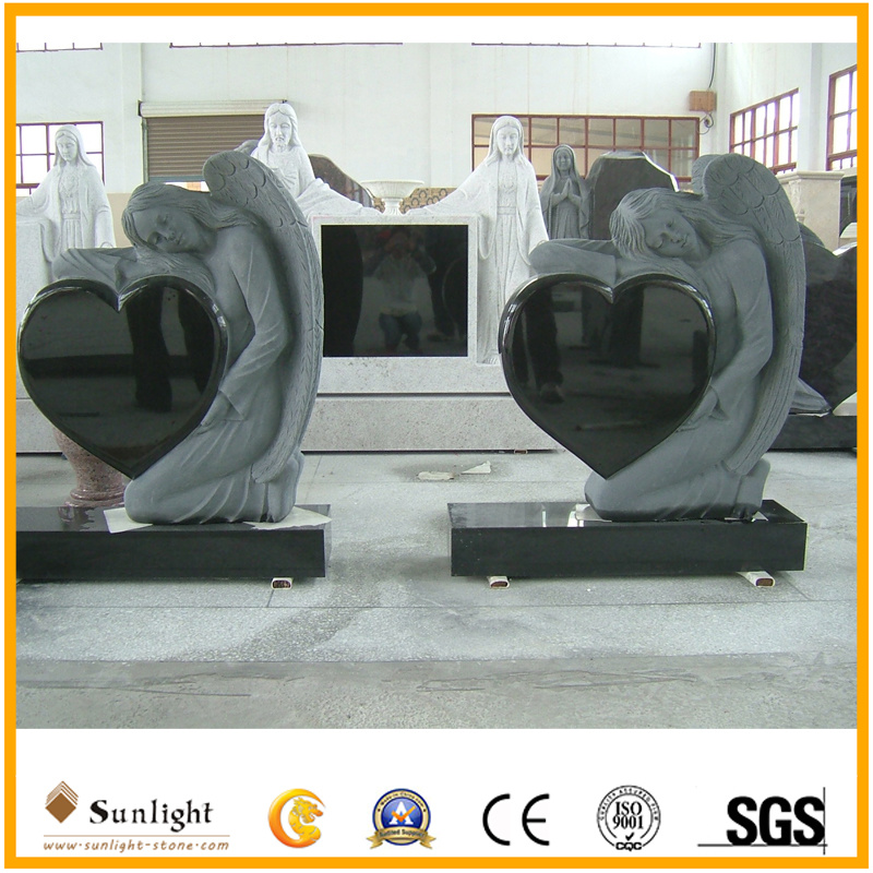 Black White Angel Headstones Granite Marble Angel Heart Black Granite Stone Headstone for Tombstone/Monument/Gravestone