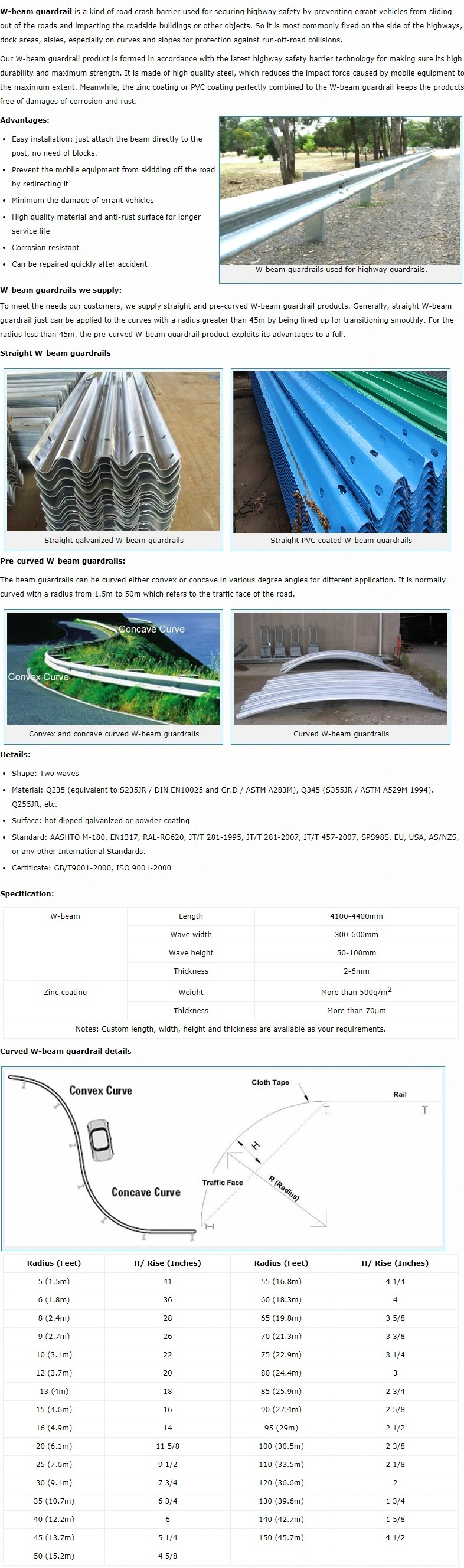 Highway Q235 W-Beam Guardrail Sheets Chinese Suppliers (550g/sqm zinc)