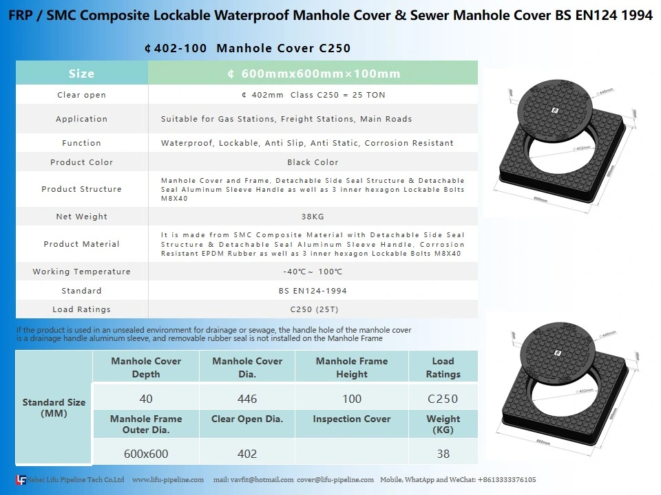 High Quality SMC Watertight Insulation Sqaure Manhole Cover and Frame Composite Waterproof Anti-Static Manhole Cover FRP Inspection Round Manhole Cover