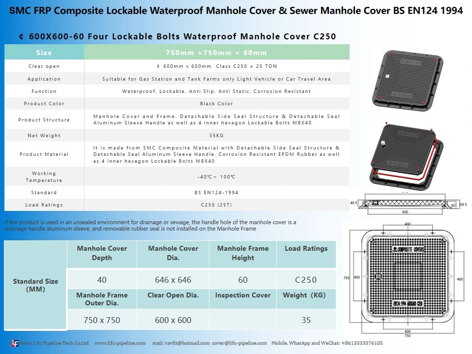 High Quality SMC Watertight Insulation Sqaure Manhole Cover and Frame Composite Waterproof Anti-Static Manhole Cover FRP Inspection Round Manhole Cover