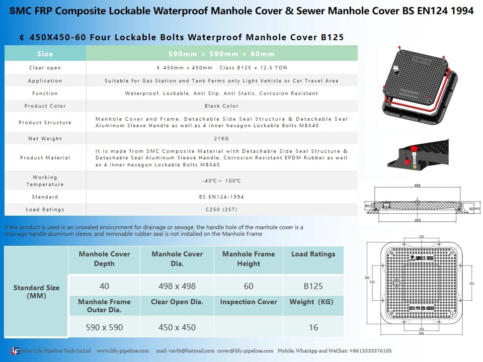 High Quality SMC Watertight Insulation Sqaure Manhole Cover and Frame Composite Waterproof Anti-Static Manhole Cover FRP Inspection Round Manhole Cover