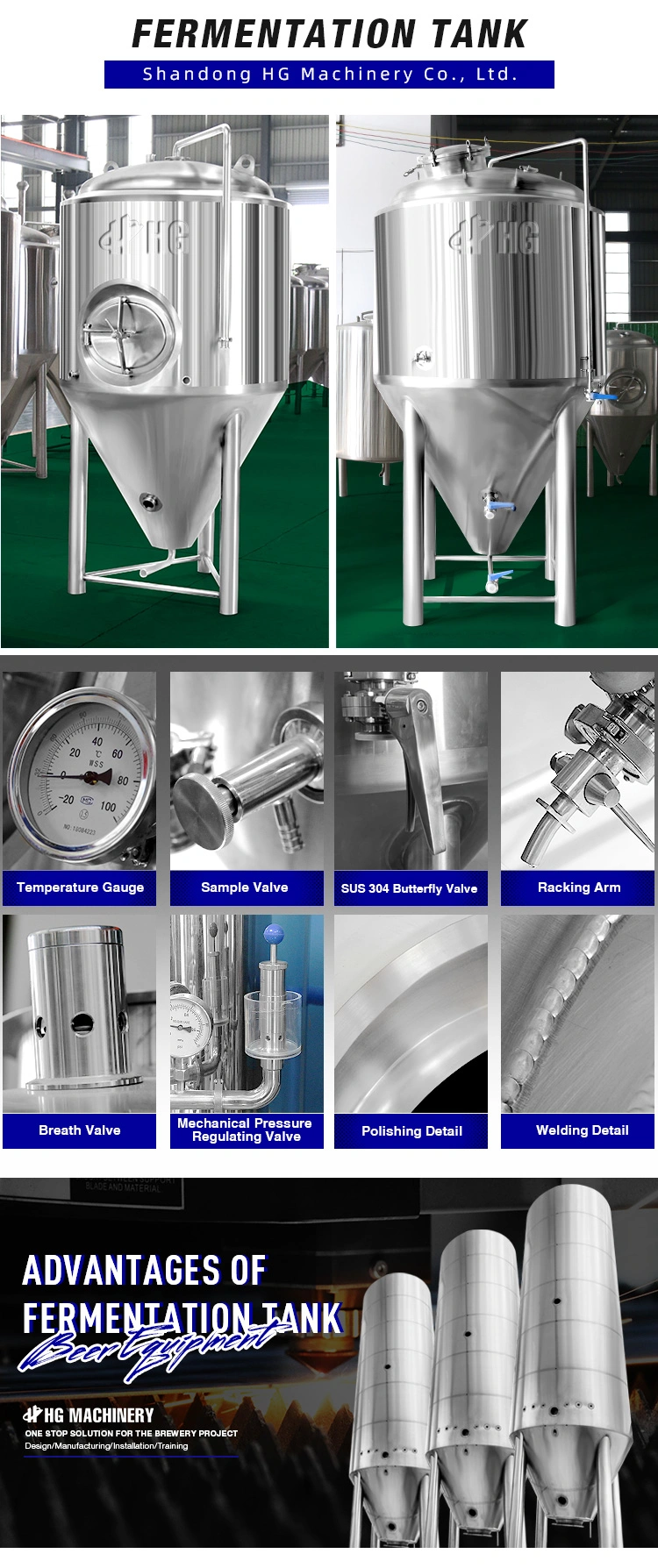 1000L 2000L 3000litre 4000L 5000liters 10bbl 20bbl 30bbl 40bbl 50bbl 20hl Stainless Steel Beer Red Fruit Wine Fermentation Fermentation Fermenter Tank Equipment