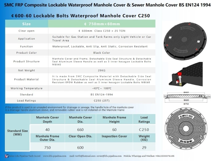 High Quality FRP Drainage Sanitary Sewer Manhole Covers Composite Safety Municipal Heavy Duty Drain Manhole Cover and Frame SMC Engineering Manhole