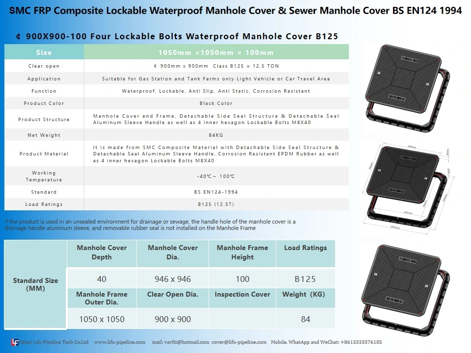 High Quality SMC Watertight Insulation Sqaure Manhole Cover and Frame Composite Waterproof Anti-Static Manhole Cover FRP Inspection Round Manhole Cover