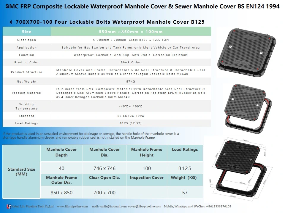 High Quality SMC Watertight Insulation Sqaure Manhole Cover and Frame Composite Waterproof Anti-Static Manhole Cover FRP Inspection Round Manhole Cover