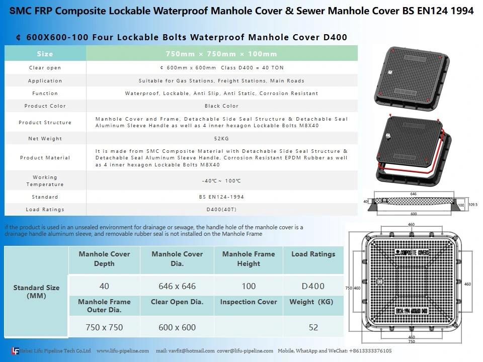 High Quality SMC Watertight Insulation Sqaure Manhole Cover and Frame Composite Waterproof Anti-Static Manhole Cover FRP Inspection Round Manhole Cover