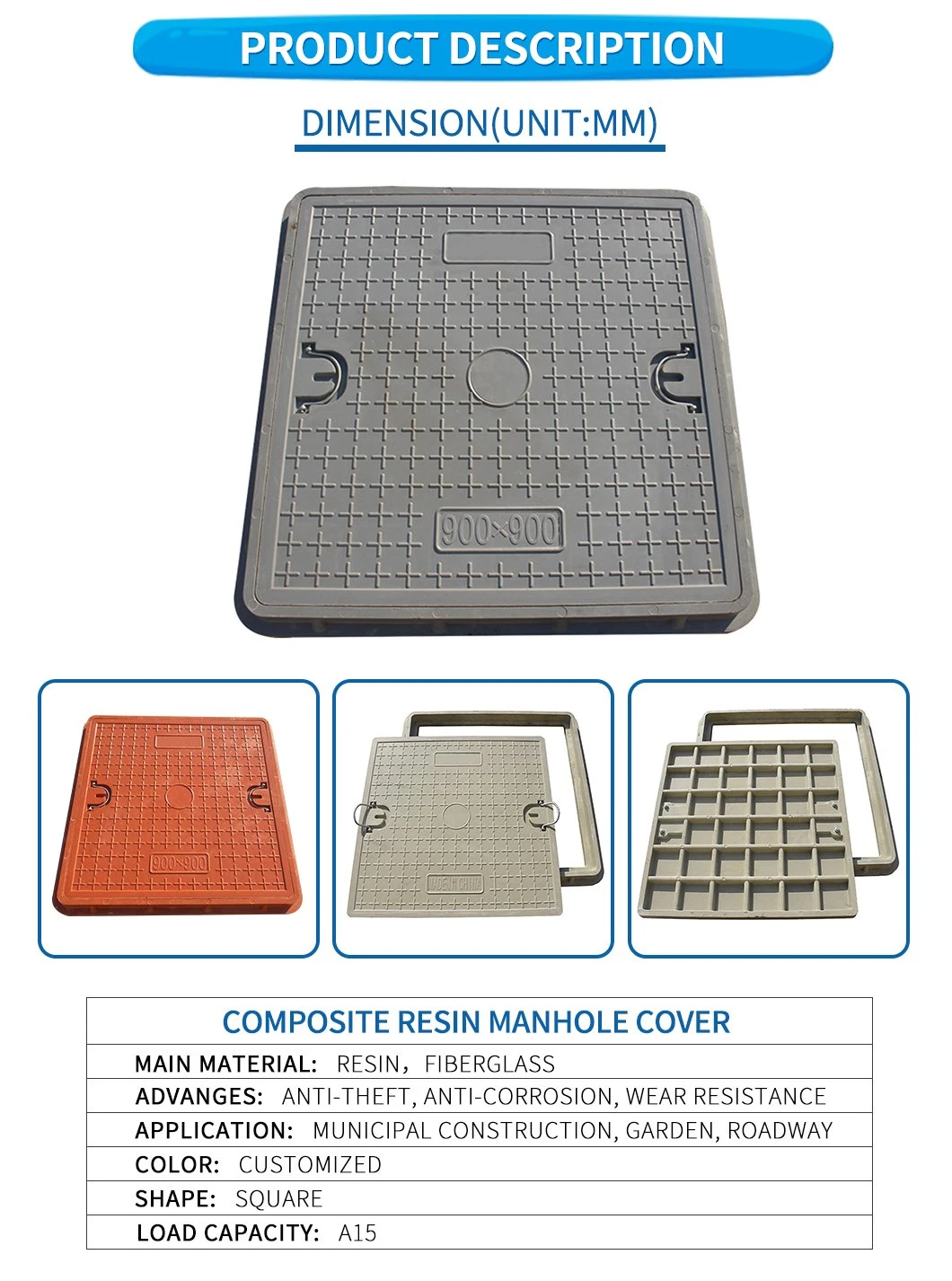 Drainage Sanitary Composite Resin BMC/SMC/FRP Square and Round Sewer Manhole Cover