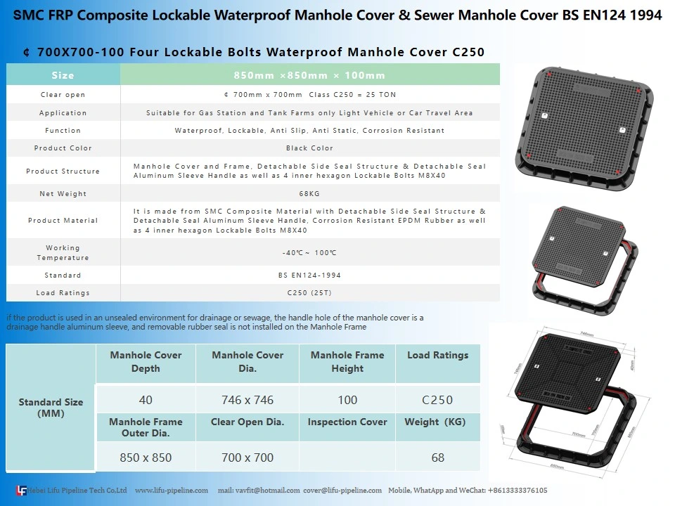 High Quality SMC Watertight Insulation Sqaure Manhole Cover and Frame Composite Waterproof Anti-Static Manhole Cover FRP Inspection Round Manhole Cover